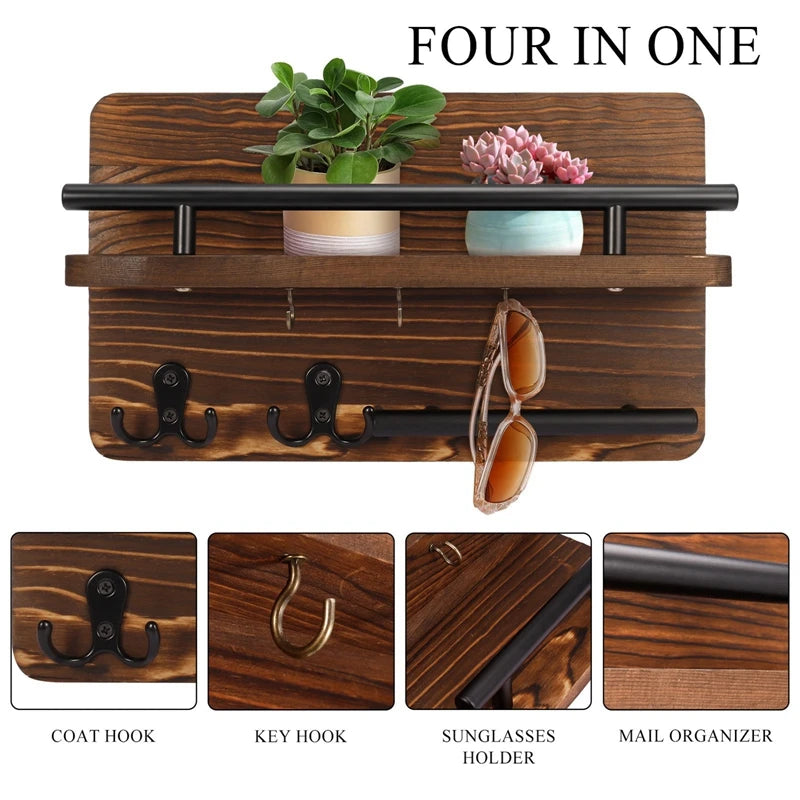 Wooden Wall  with Shelf Home Key Decor for Entryway Hallway Key Holder with 5 Hooks Mail Organizer