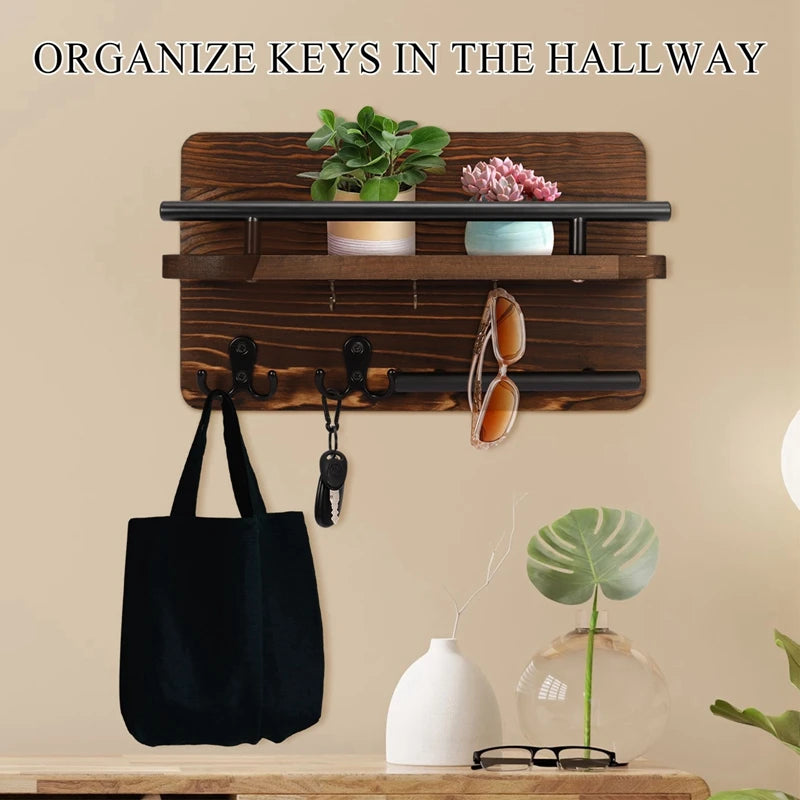 Wooden Wall  with Shelf Home Key Decor for Entryway Hallway Key Holder with 5 Hooks Mail Organizer