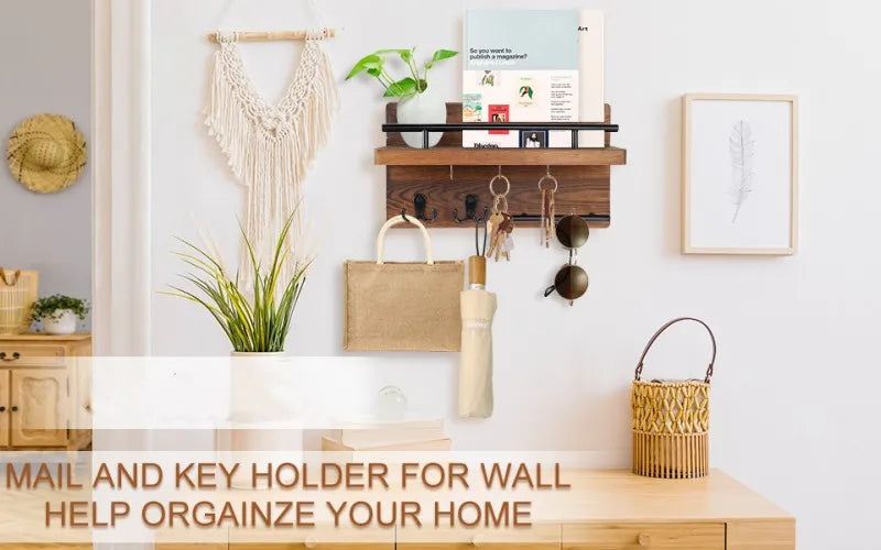 Wooden Wall  with Shelf Home Key Decor for Entryway Hallway Key Holder with 5 Hooks Mail Organizer