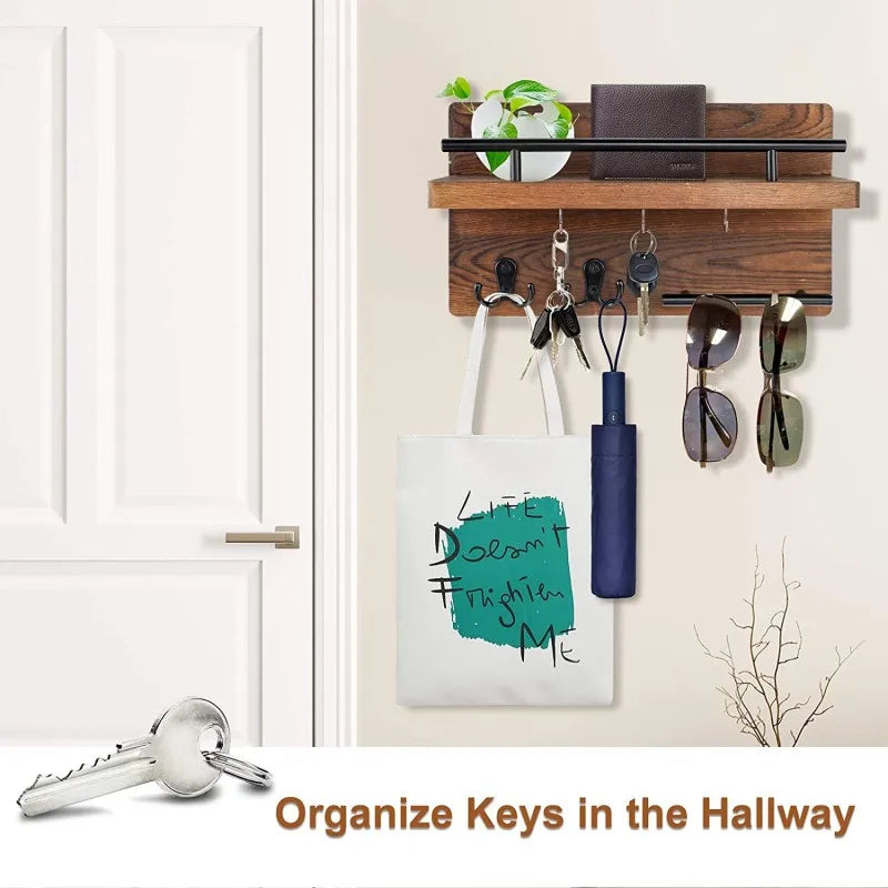 Wooden Wall  with Shelf Home Key Decor for Entryway Hallway Key Holder with 5 Hooks Mail Organizer